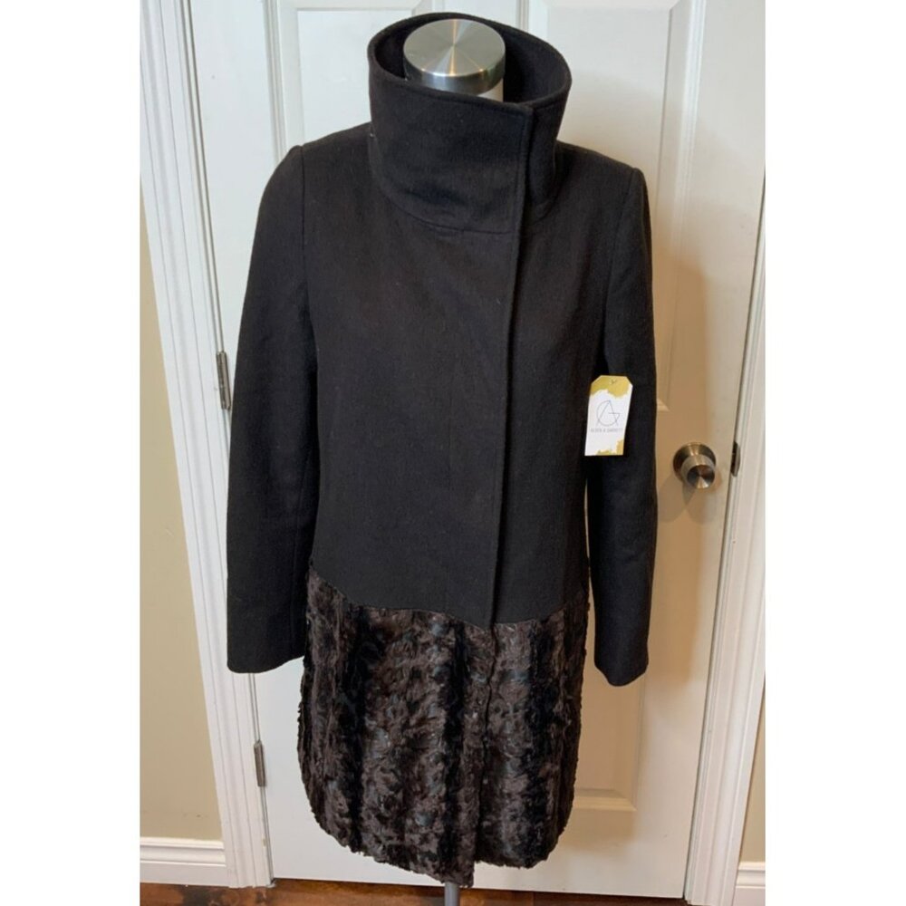 Tahari Brown Wool Blend Drop Waist Faux Fur Coat, Size 6